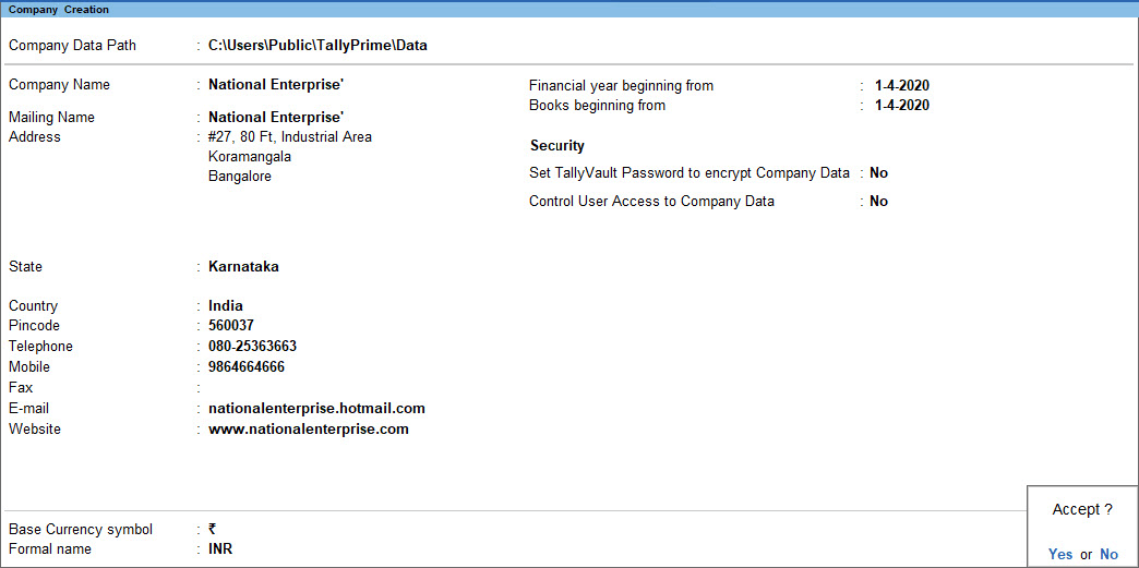 TallyPrime Company Creation screen
