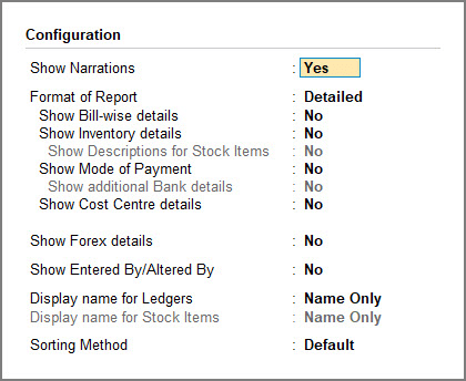 TallyPrime Day Book F12 Configuration options