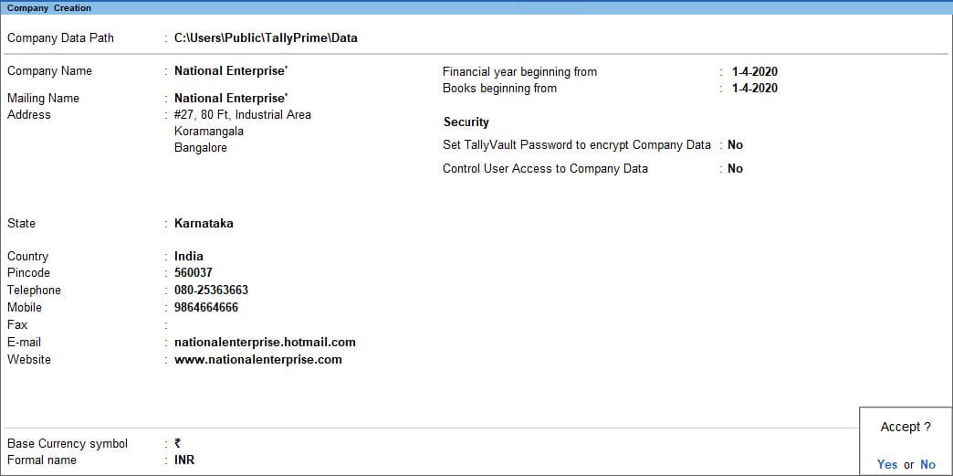 TallyPrime Company Creation screen with name, data path and accounting dates