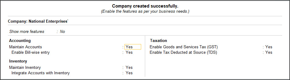 TallyPrime Company Features screen with accounting, inventory and tax options