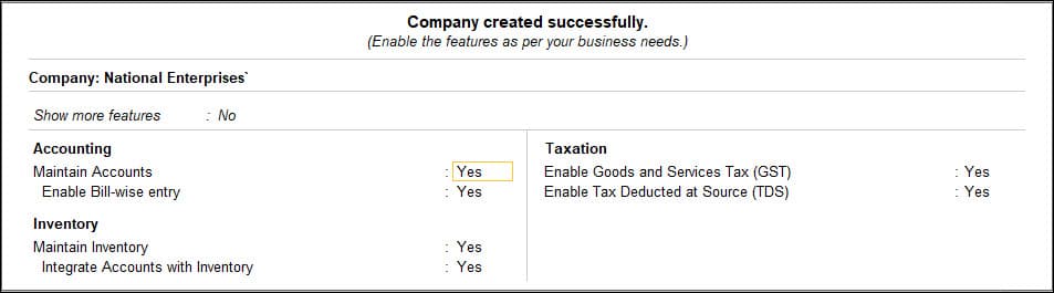 TallyPrime Company Features screen with Maintain Accounts, Maintain Inventory and GST options