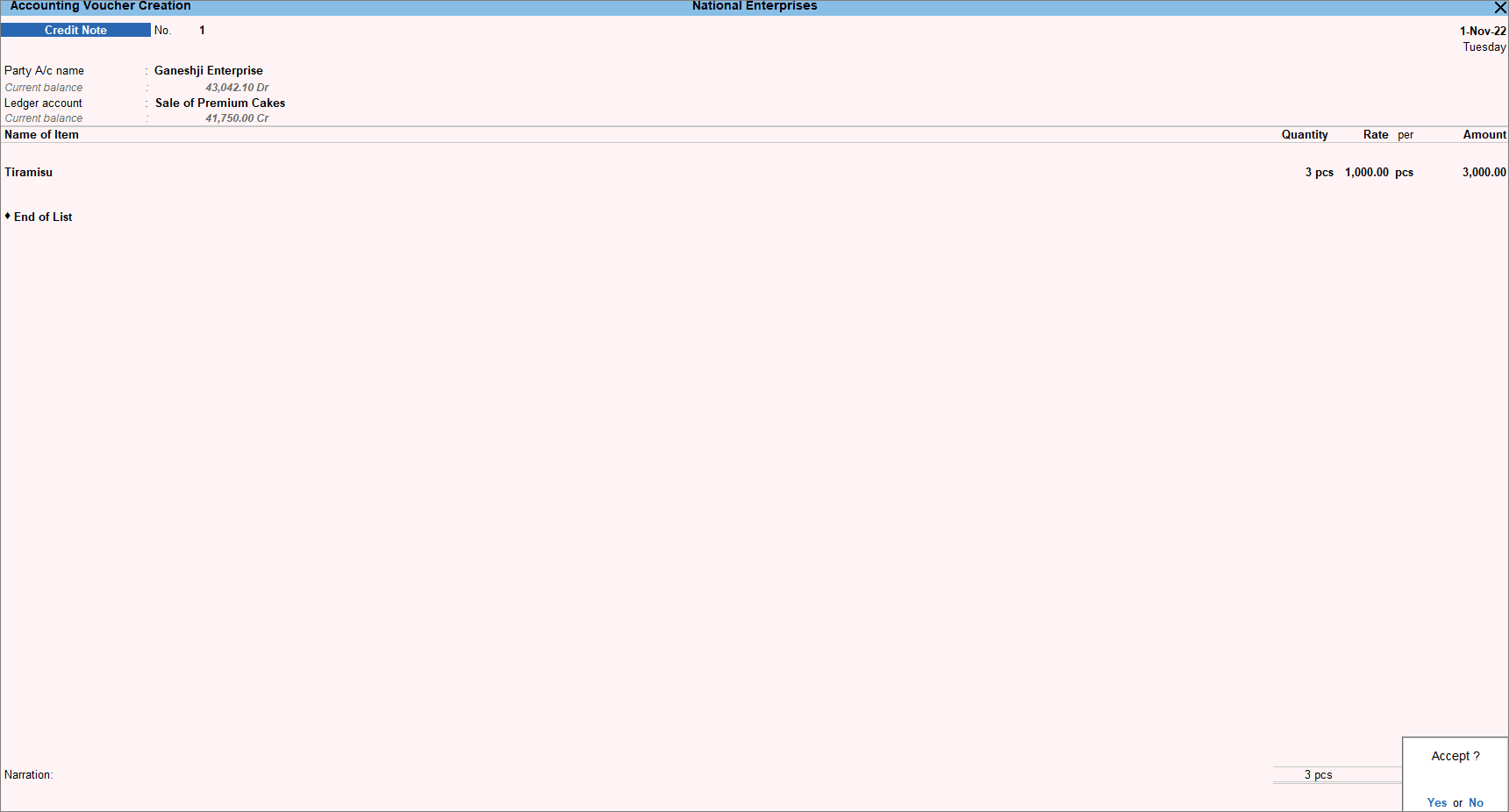 TallyPrime Credit Note in Item Invoice mode