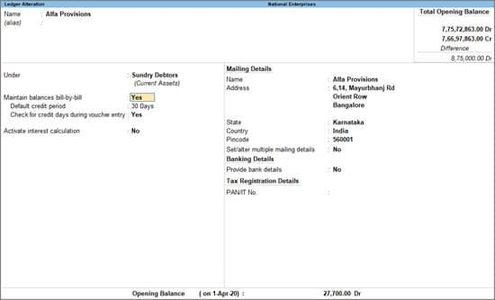 TallyPrime customer ledger under Sundry Debtors with mailing details and opening balance