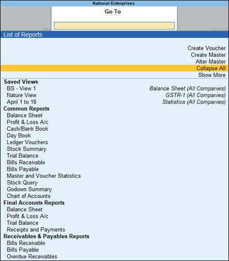 TallyPrime Go To menu showing Create Master and Alter Master