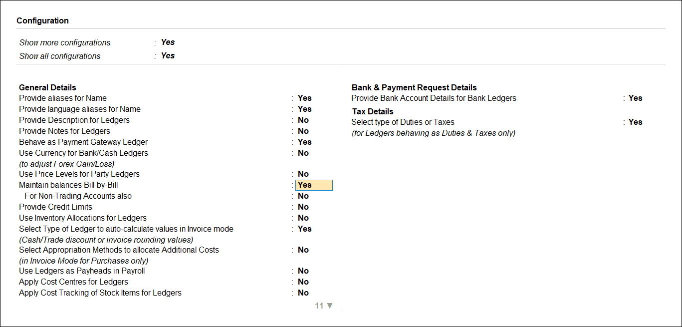 TallyPrime ledger F12 Configuration with Maintain balances Bill-by-Bill