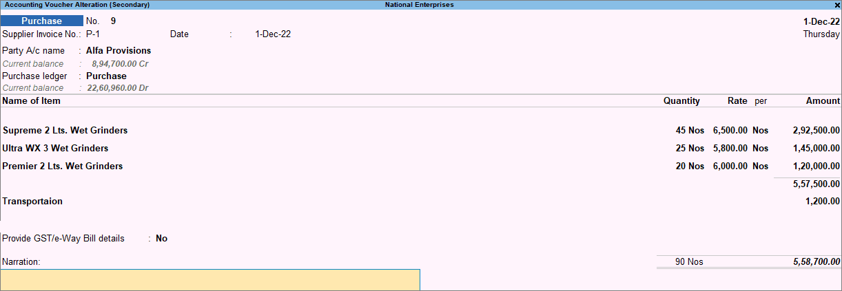 TallyPrime recorded Purchase voucher with supplier invoice reference