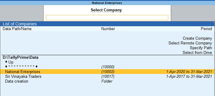 TallyPrime Select Company screen with the Create Company option
