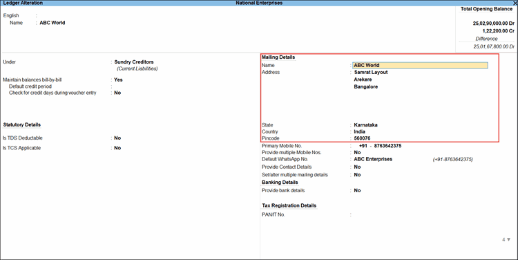 TallyPrime Ledger Alteration screen for a supplier under Sundry Creditors